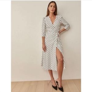 Reformation Hilltop Black and White Polka Dot Midi Dress